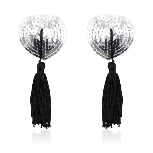 Self Adhesive Heart Sequin Nipple Cover with Tassel Silver Black