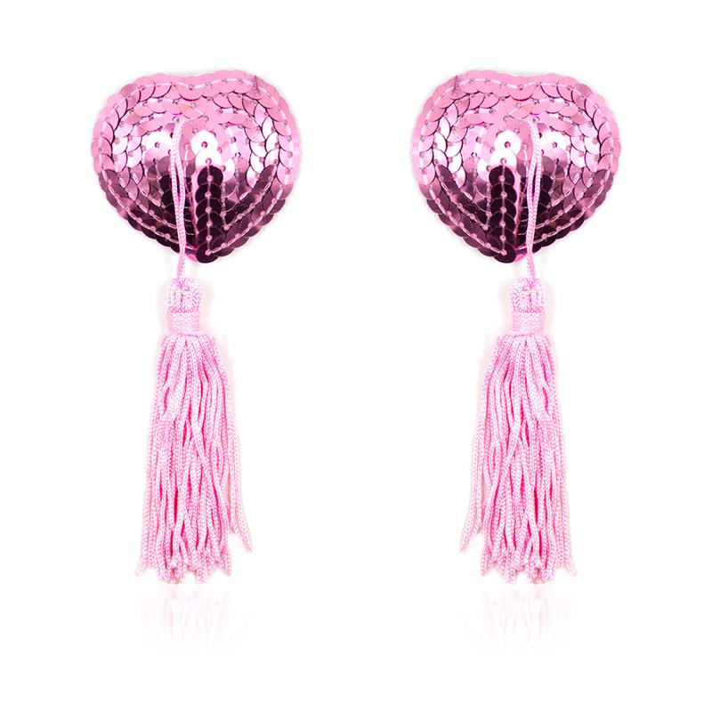 Self Adhesive Heart Sequin Nipple Cover with Tassel Pink