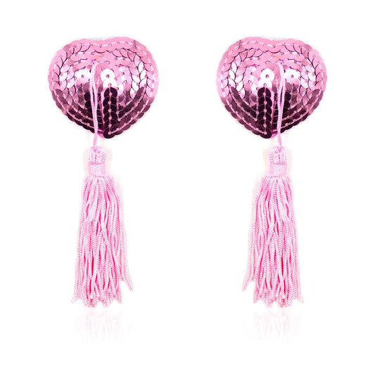 Self Adhesive Heart Sequin Nipple Cover with Tassel Pink