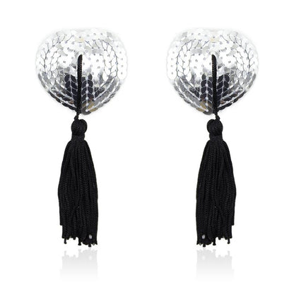 Self Adhesive Heart Sequin Nipple Cover with Tassel Silver Black